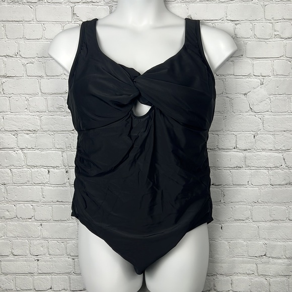Kona Sol Black Twist Front One Piece Swimsuit Plus Size 14W 18W 22W - Picture 2 of 3